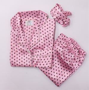 Figo - Baby Pink Polka Dot Silk Night Suit With Headband