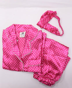 Figo - Shocking Pink Polka Dot Silk Night Suit With Headband