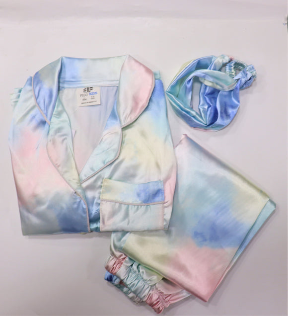 Figo - Multi Tie Dye Style Silk Night Suit With Headband