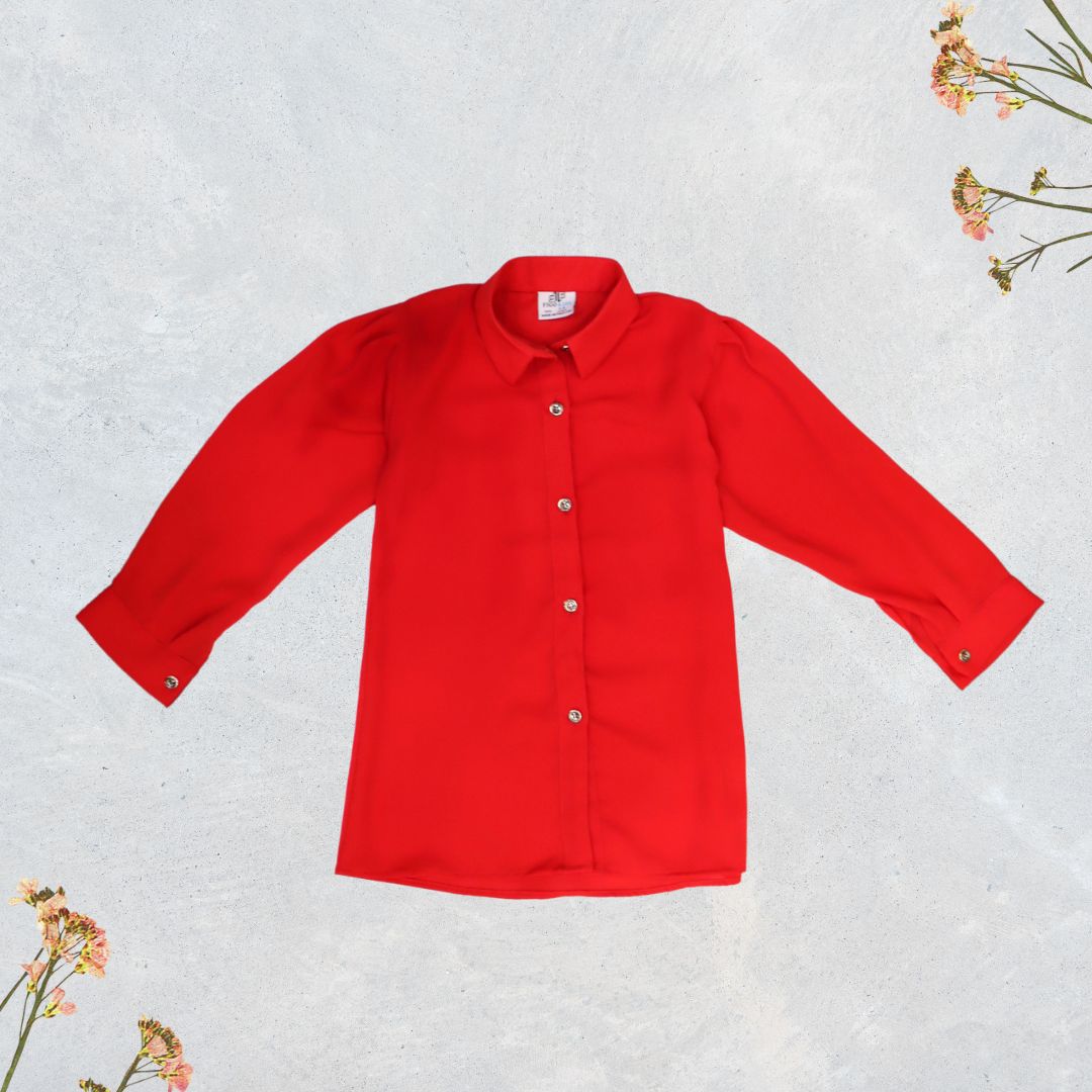 Figo - Red Georgette Button Down Shirt