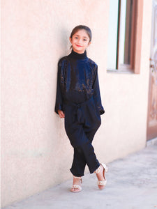 Figo - Black Fancy Sequin Full Sleeves Silk Jumpsuit