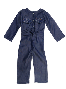 Figo - Dark Blue Denim Embroidered Jumpsuit